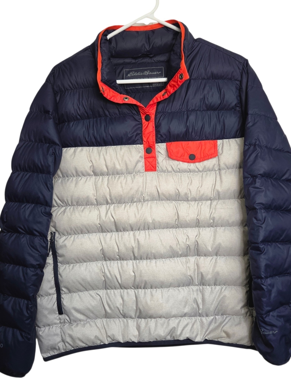 Eddie Bauer EB650 Women’s Medium Down Puffer Jacket – Navy/Gray Orange Accents